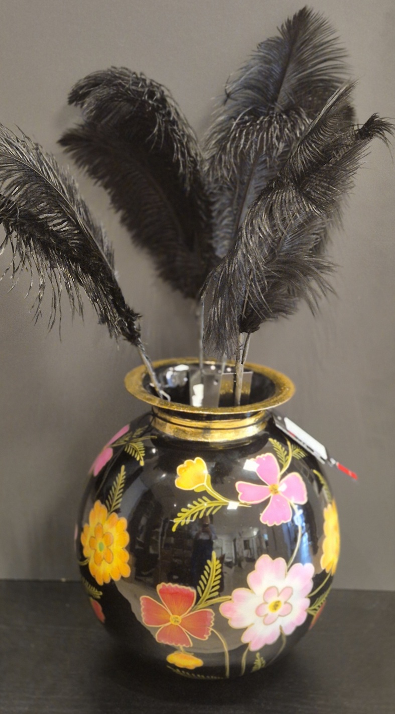 Vaas handgeschilderd zwart bloemen 24x24x26 cm - Afbeelding 2