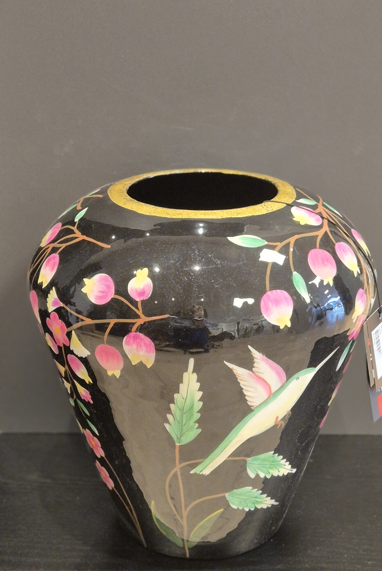 Vaas handgeschilderd zwart bloemen 30x30x31 cm - Afbeelding 2