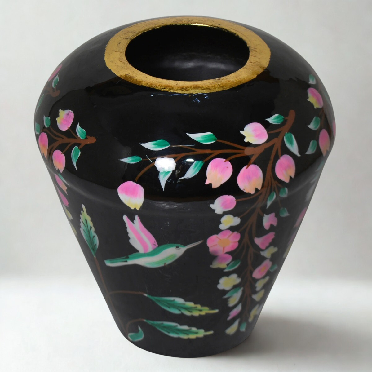 Vaas handgeschilderd zwart bloemen 30x30x31 cm - Afbeelding 3